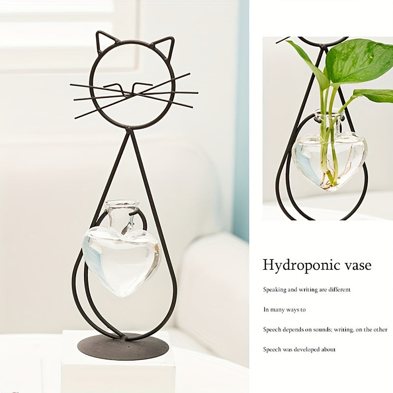 Minimally Designed Cat Shaped Wrought Iron Vase with Heart-shaped Small Glass Vase And Golden Metal Support Plant Rack, Suitable for Home Wedding Decoration\u002Fdesktop Glass Flowerpot Vase Rack, Creative Decoration for Home Terrace Lawn Garden