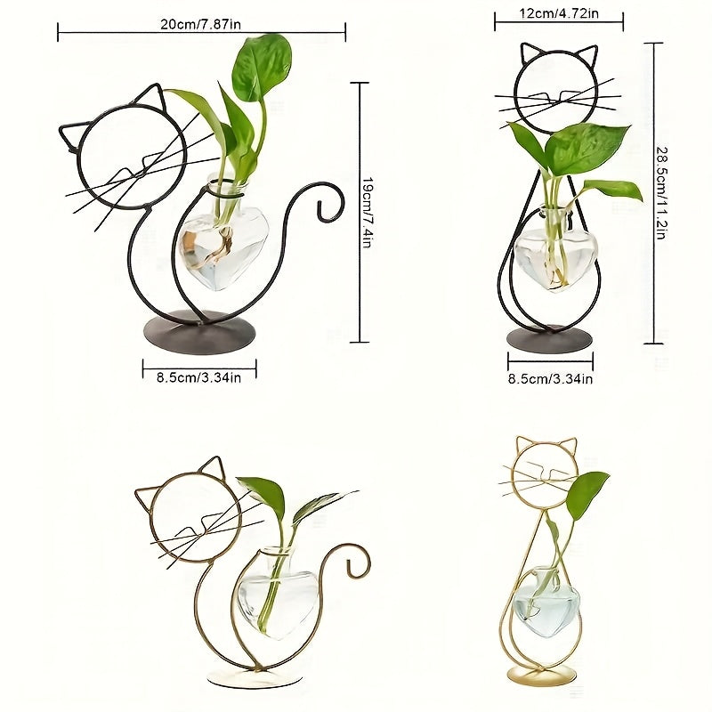 Minimally Designed Cat Shaped Wrought Iron Vase with Heart-shaped Small Glass Vase And Golden Metal Support Plant Rack, Suitable for Home Wedding Decoration\u002Fdesktop Glass Flowerpot Vase Rack, Creative Decoration for Home Terrace Lawn Garden