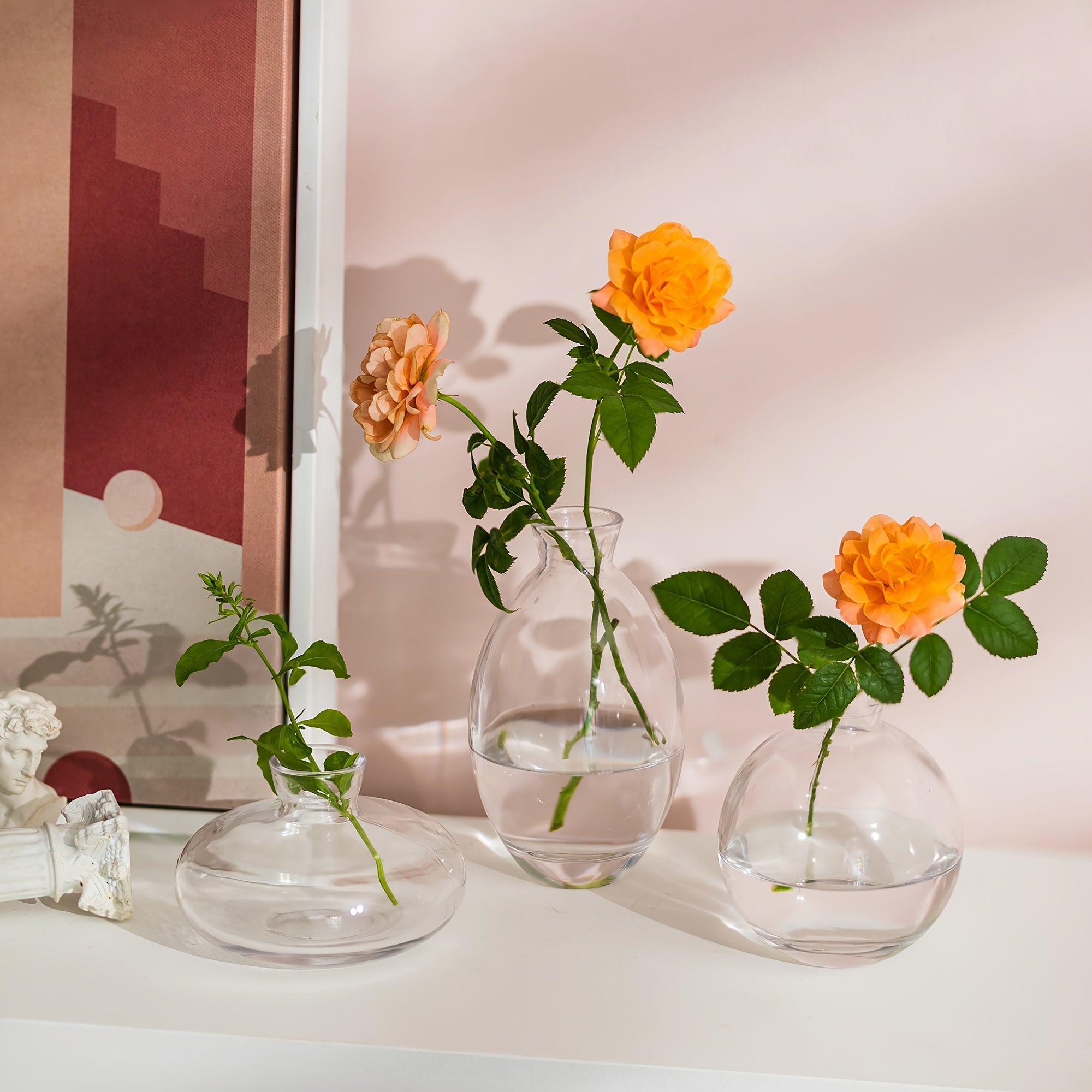 Set Of 3 Clear Glass Bud Vase, Modern Decorative Small Mini Flowers Vases Short Minimalist Aesthetic Home Decor Vintage Cute Handmade Tiny Wedding Table Centerpieces For Single Flower Rose