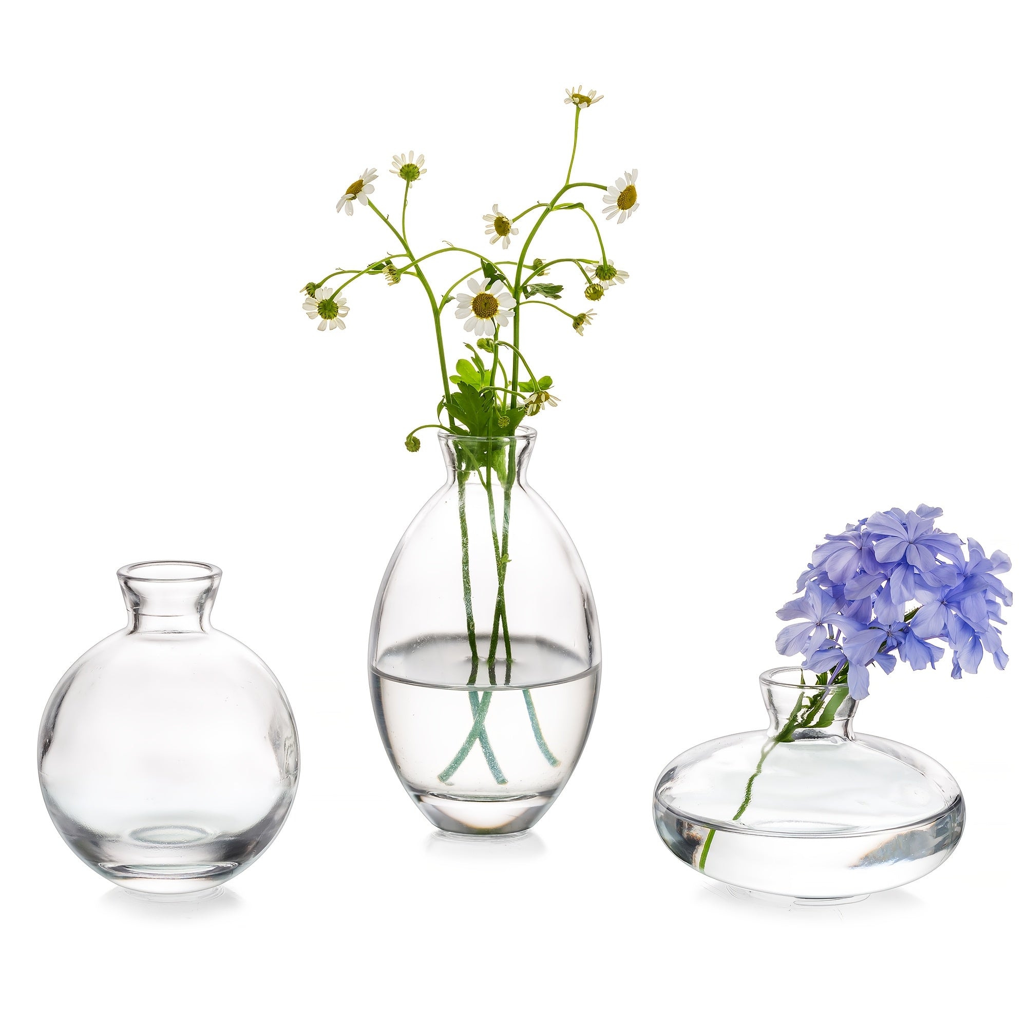 Set Of 3 Clear Glass Bud Vase, Modern Decorative Small Mini Flowers Vases Short Minimalist Aesthetic Home Decor Vintage Cute Handmade Tiny Wedding Table Centerpieces For Single Flower Rose