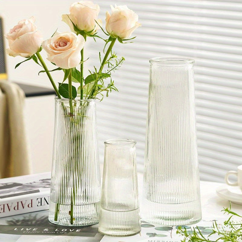 Contemporary Vertical Striped Glass Vase - High-End Creative Transparent Oval Design, PVC-Free Hand Wash Only, Modern Living Room Home Decor Centerpiece for Floral Arrangements, Vases Home Decor