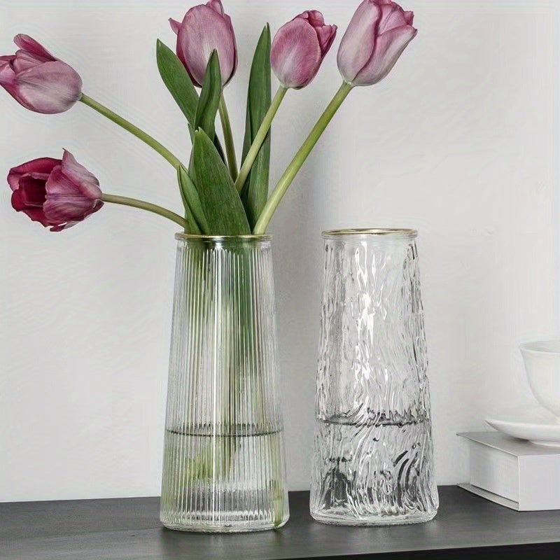 Contemporary Vertical Striped Glass Vase - High-End Creative Transparent Oval Design, PVC-Free Hand Wash Only, Modern Living Room Home Decor Centerpiece for Floral Arrangements, Vases Home Decor